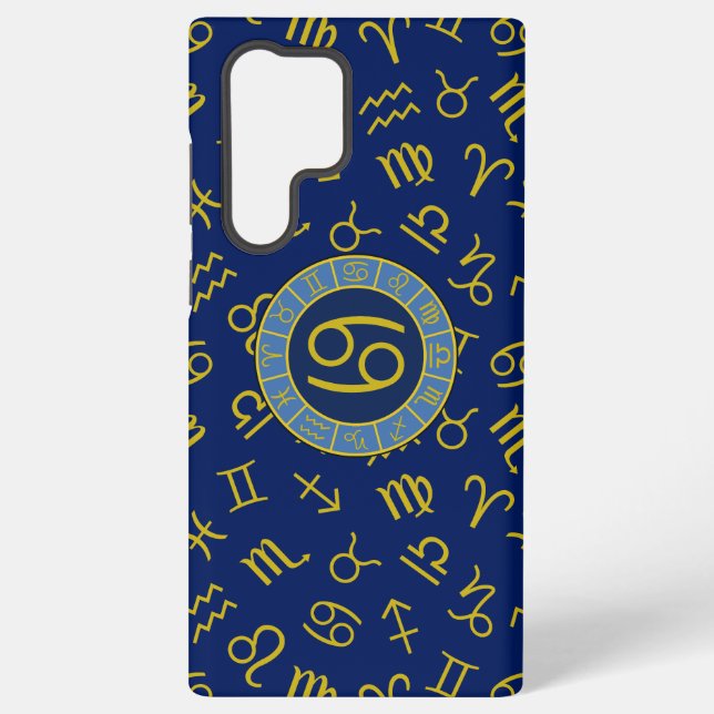 Coque Samsung Galaxy Cancer Zodiac+Astrologie Symboles Motif Gold+Blues (Verso)