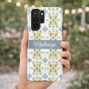 Coque Samsung Galaxy Carreau bleu monogramme de nom de citron de campag