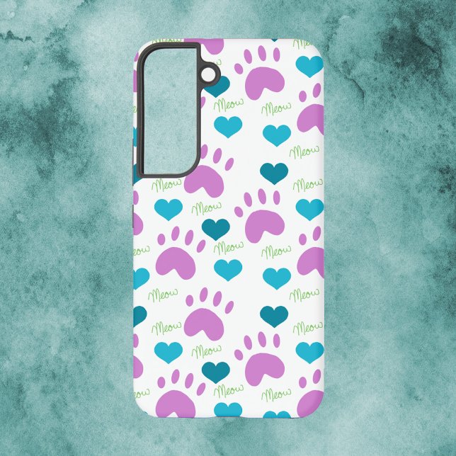 Coque Samsung Galaxy Chat Empreinte de patte Coeur Meow Motif Rose bleu (A phone case with a pattern of cat paw prints, hearts and the word meow.)