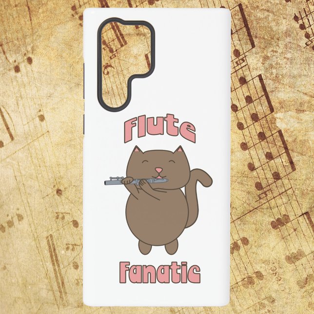 Coque Samsung Galaxy Chat fou de flûte drôle (A phone case that says flute fanatic with a cat playing the flute.)