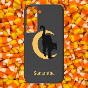 Coque Samsung Galaxy Chat noir aux yeux dorés sur un croissant de lune