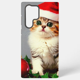 Coque Samsung Galaxy Chaton de Noël vintage avec chapeau de Père Noël