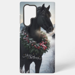 Coque Samsung Galaxy Cheval noir dans la neige avec couronne de Noël