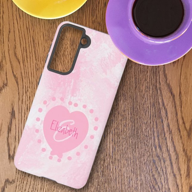 Coque Samsung Galaxy Chic Girly rose Coeur Monogramme Première aquarell (This pink & white phone case is a great personalized special occasion gift or remove all the text.)