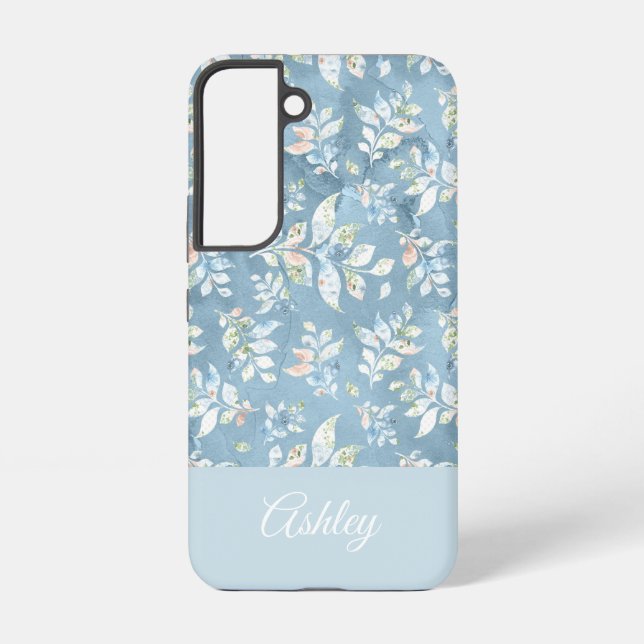 Coque Samsung Galaxy Chic Personalized Name/ Pastel Blue Leaf Motif  (Verso)