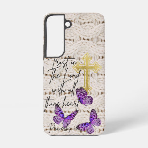 Coque Samsung Galaxy Chic Tricot Religieux Papillon Violet Croix Dorée