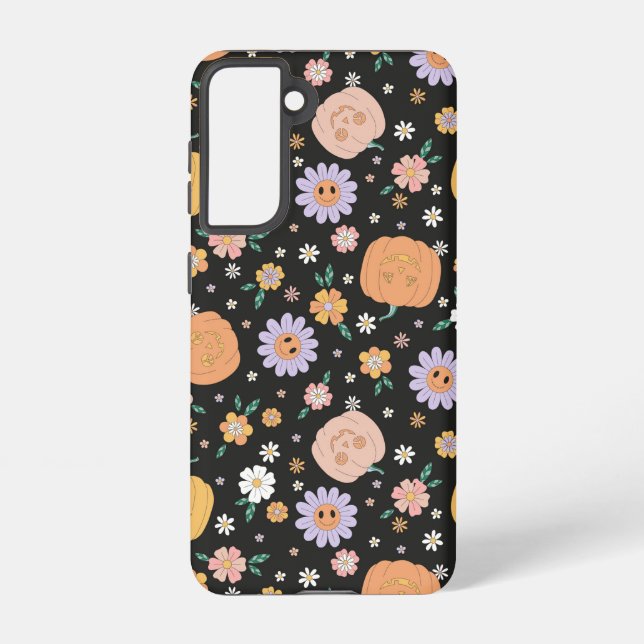 Coque Samsung Galaxy Citrouilles d'Halloween rétro et Motif de fleurs (Verso)