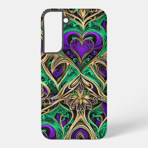 Coque Samsung Galaxy Cœurs et fleurs de Damas or violet noir émeraude