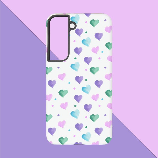 Coque Samsung Galaxy Coeurs Motif Aquarelle rose violet bleu vert (A phone with a watercolor heart pattern done in pink, green, blue and purple.)