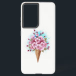 Coque Samsung Galaxy Cône rose Sakura crème glacée gaufre<br><div class="desc">Cône gaufre douce avec fleurs de cerisier japonais rose frais sur arrière - plan blanc avec stries d'aquarelle bleue. Cerise japonaise rose.</div>