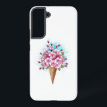 Coque Samsung Galaxy Cône rose Sakura crème glacée gaufre<br><div class="desc">Cône gaufre douce avec fleurs de cerisier japonais rose frais sur arrière - plan blanc avec stries d'aquarelle bleue. Cerise japonaise rose.</div>