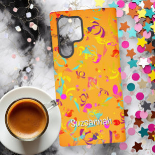 Coque Samsung Galaxy Confettis Colorés Lancés sur Fond Orange Personnal