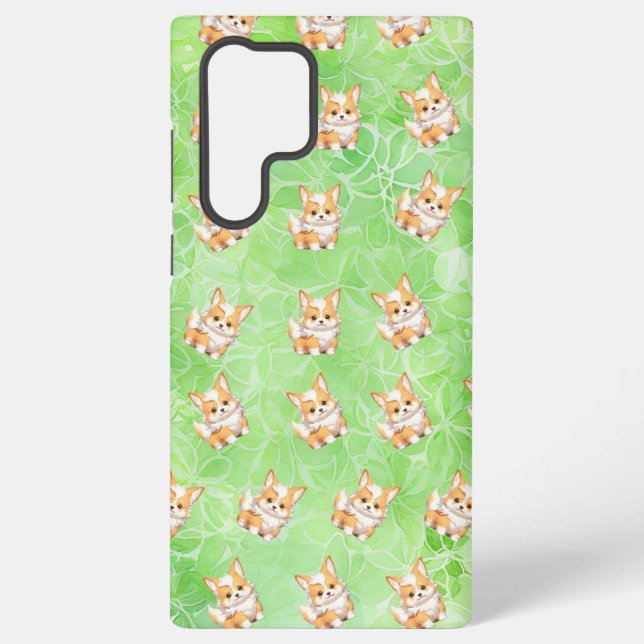 Coque Samsung Galaxy Corgi Puppy with Green Leaves Pattern Phone Case (Verso)