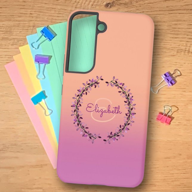 Coque Samsung Galaxy Couronne de corail violet ombre entourée de monogr (Personalize the name & monogram letter on this phone case for a sweet personalized gift or for you.)