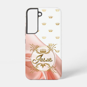 Coque Samsung Galaxy Couronne dorée en satin rose inspirante Jésus