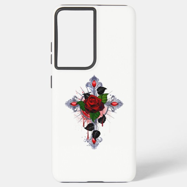Coque Samsung Galaxy Croix d'argent avec une rose rouge (Verso)