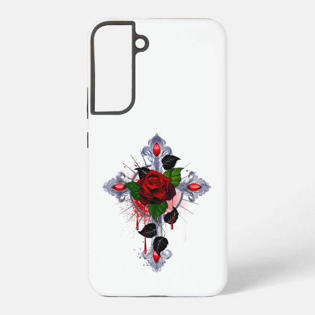 Coque Samsung Galaxy Croix d'argent avec une rose rouge (Verso)