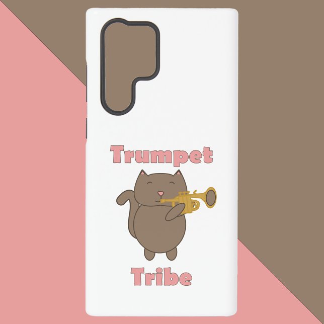 Coque Samsung Galaxy Cute Cartoon Cat Playing Trumpet Tribe Funny (A phone case with a happy brown cat playing the trumpet with the words trumpet tribe.)