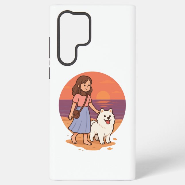 Coque Samsung Galaxy Cute Dog Mom Walking Fluffy Pup on Sunset Beach  (Verso)