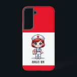 Coque Samsung Galaxy Cute Manga Nurse avec cheveux rouge bleu yeux Pers<br><div class="desc">Cette boîte téléphonique pour les infirmières dispose d'une mignonne infirmière manga avec les cheveux rouges et les yeux bleus portant un casquette d'infirmières et tenue avec un nom pour personnaliser et les frontières rouges. Parfait pour une infirmière ou un diplômé d'une école de sciences infirmières. Image générée avec AI.</div>