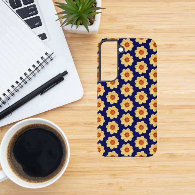 Coque Samsung Galaxy Dahlia jaune motif floral sur bleu (In Situ)
