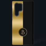 Coque Samsung Galaxy Design géométrique à bande dorée et noire moderne<br><div class="desc">Design géométrique moderne or et noir à écran partagé avec un monogramme personnalisé.</div>