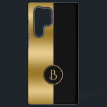 Coque Samsung Galaxy Design géométrique à bande dorée et noire moderne<br><div class="desc">Design géométrique moderne or et noir à écran partagé avec un monogramme personnalisé.</div>