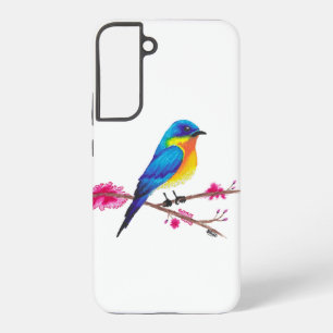 Coque Samsung Galaxy Dessin d'oiseau bleu et jaune avec fleurs roses