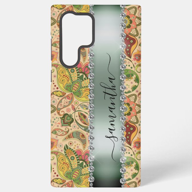 Coque Samsung Galaxy Diamond Green Paisley  Calligraphie Monogramme Nom (Verso)