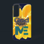 Coque Samsung Galaxy Dieu me favorise<br><div class="desc">Belle conception graphique,  aquarelle jaune fleur fond avec les mots "DIEU ME FAVORISE" - le tout dans un arrière - plan bleu marine foncé.</div>