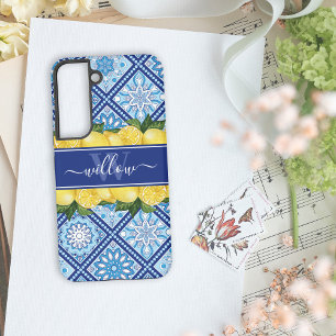 Coque Samsung Galaxy Dosseret de carreaux bleus au citron Monogramme