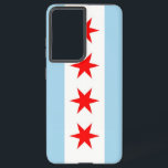Coque Samsung Galaxy Drapeau Samsung Galaxy S21 Ultra Coque de Chicago<br><div class="desc">Levez votre Samsung Galaxy S21 Ultra avec notre couverture téléphonique exclusive avec le drapeau de Chicago! Réalisée avec précision, cette couverture affiche fièrement les éléments emblématiques du drapeau de Chicago. Quatre étoiles rouges représentant des événements historiques : Fort Dearborn, le Grand feu de Chicago, l'Exposition Columbie du Monde et l'Exposition...</div>