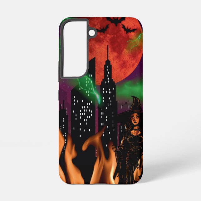 Coque Samsung Galaxy Éffrayant Fire Witch Cityscape Red Moon Halloween (Verso)