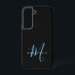 Coque Samsung Galaxy Élégant Black Sky Blue Script Monogramme moderne<br><div class="desc">Élégant Noir Ciel Bleu Script Monogramme Téléphone Boîtier. Un élégant monogramme de scénario bleu ciel combiné à une police blanche propre san-serif fait pour un look contemporain.</div>