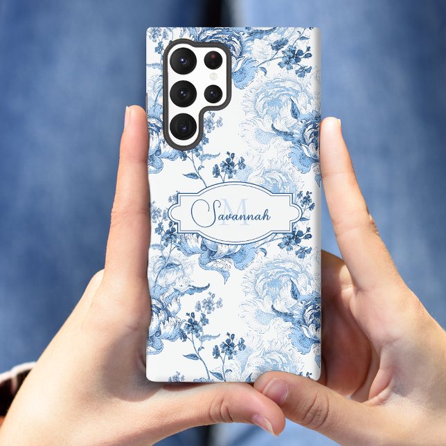 Coque Samsung Galaxy Élégant bleu gravé Nom floral / Monogramme (Créateur téléchargé)