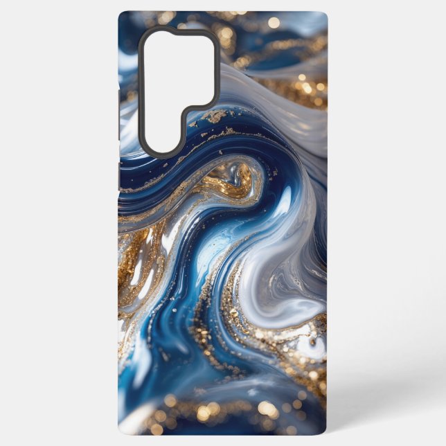Coque Samsung Galaxy Elégant Blue Gold Abstrait Wave 3D Motif (Verso)