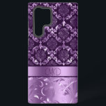 Coque Samsung Galaxy Élégant damas et tourbillons floraux violets et no<br><div class="desc">Image de damas et tourbillons floraux violets et noirs. Monogramme personnalisé.</div>