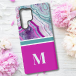Coque Samsung Galaxy Élégant élégant chic Monogramme initial<br><div class="desc">Chic Turquoise Magenta Fuchsia Pierre Monogramme initial Samsung Galaxy S22 Ultra Coque. Les cristaux et les géodes continuent d'être une tendance favorite ! Cette impression présente et une image rapprochée d'une roche de géode turquoise et violette (magenta) vibrante, avec de petits cristaux. Ajoutez votre initiale pour en faire la vôtre....</div>
