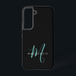 Coque Samsung Galaxy Élégant Noir Turquoise Script Monogramme moderne<br><div class="desc">Élégant Noir Turquoise Script Monogramme Téléphone Boîtier. Un élégant monogramme de script turquoise combiné à une police blanche de san-serif propre donne un look contemporain.</div>