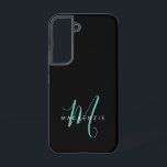 Coque Samsung Galaxy Élégant Noir Turquoise Script Monogramme moderne<br><div class="desc">Élégant Noir Turquoise Script Monogramme Téléphone Boîtier. Un élégant monogramme de script turquoise combiné à une police blanche de san-serif propre donne un look contemporain.</div>
