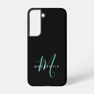 Coque Samsung Galaxy Élégant Noir Turquoise Script Monogramme moderne