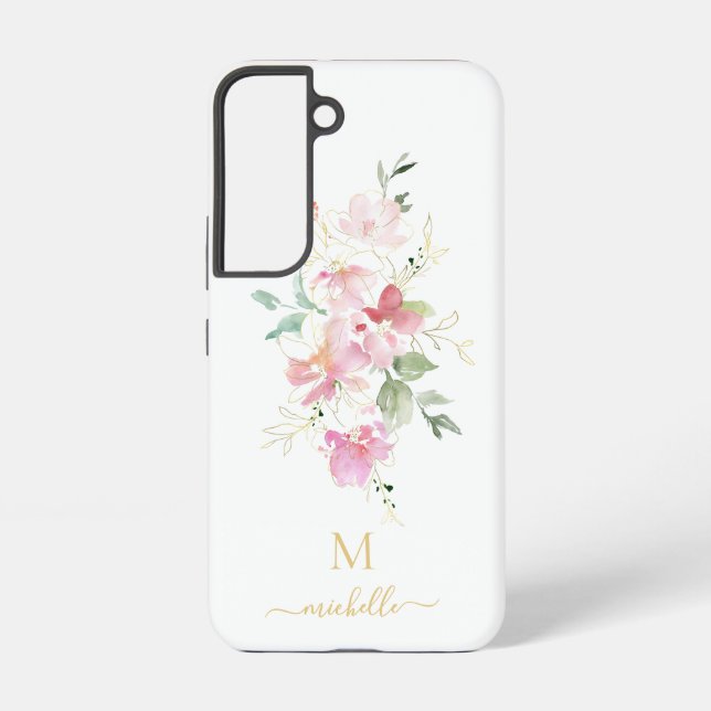 Coque Samsung Galaxy Elegant Pink Floral Gold Script Monogram (Verso)