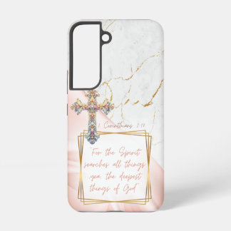 Coque Samsung Galaxy Elegant Religious Pink Satin Gold Marble Cross