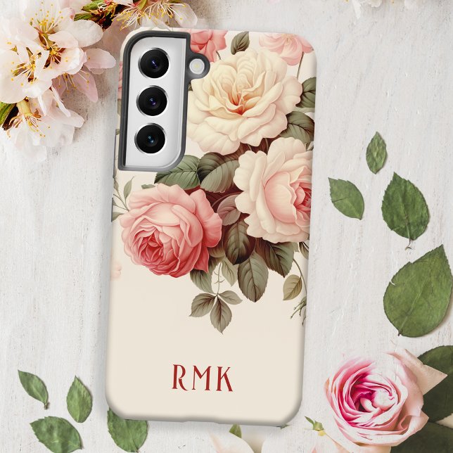 Coque Samsung Galaxy Élégant Rose rose et bleu avec monogramme (Créateur téléchargé)