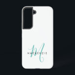 Coque Samsung Galaxy Élégant Turquoise de script blanc moderne Monogram<br><div class="desc">Élégant Turquoise de script blanc  Monogramme Téléphone Boîtier. Un élégant monogramme de script turquoise combiné à une police san-serif noire propre donne un look contemporain.</div>