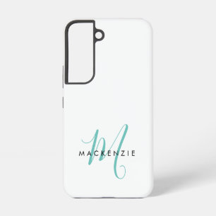 Coque Samsung Galaxy Élégant Turquoise de script blanc moderne Monogram