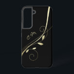 Coque Samsung Galaxy Élégante feuille d'or spirale noir Monogramme<br><div class="desc">Voici un élégant boîtier téléphonique qui comporte une feuille d'or moderne tourbillonnant contre un arrière - plan noir dramatique. Votre monogramme à deux lettres est à gauche en or pâle assorti.</div>