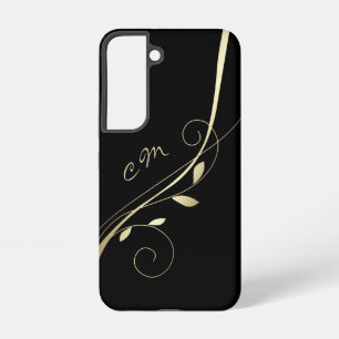 Coque Samsung Galaxy Élégante feuille d'or spirale noir Monogramme