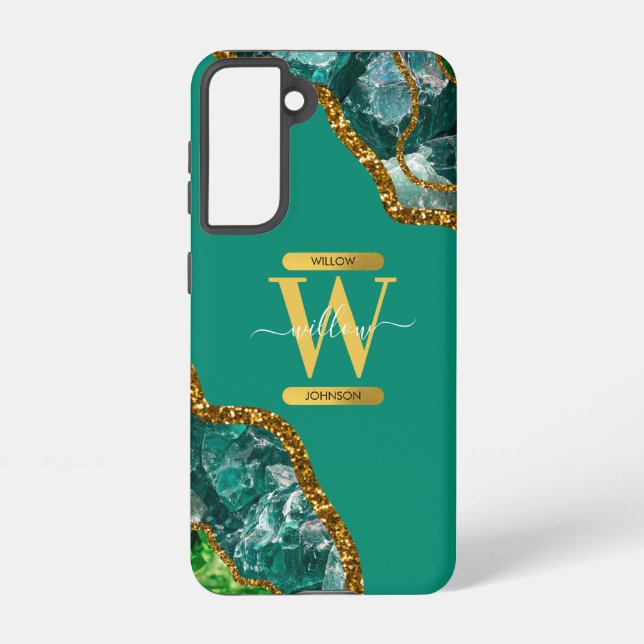 Coque Samsung Galaxy Emerald Green & Gold Agate Géode Monogramme (Verso)