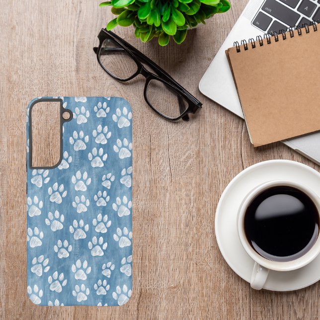 Coque Samsung Galaxy Empreintes de pattes blancs en bleu - Rustique Ama (Créateur téléchargé)